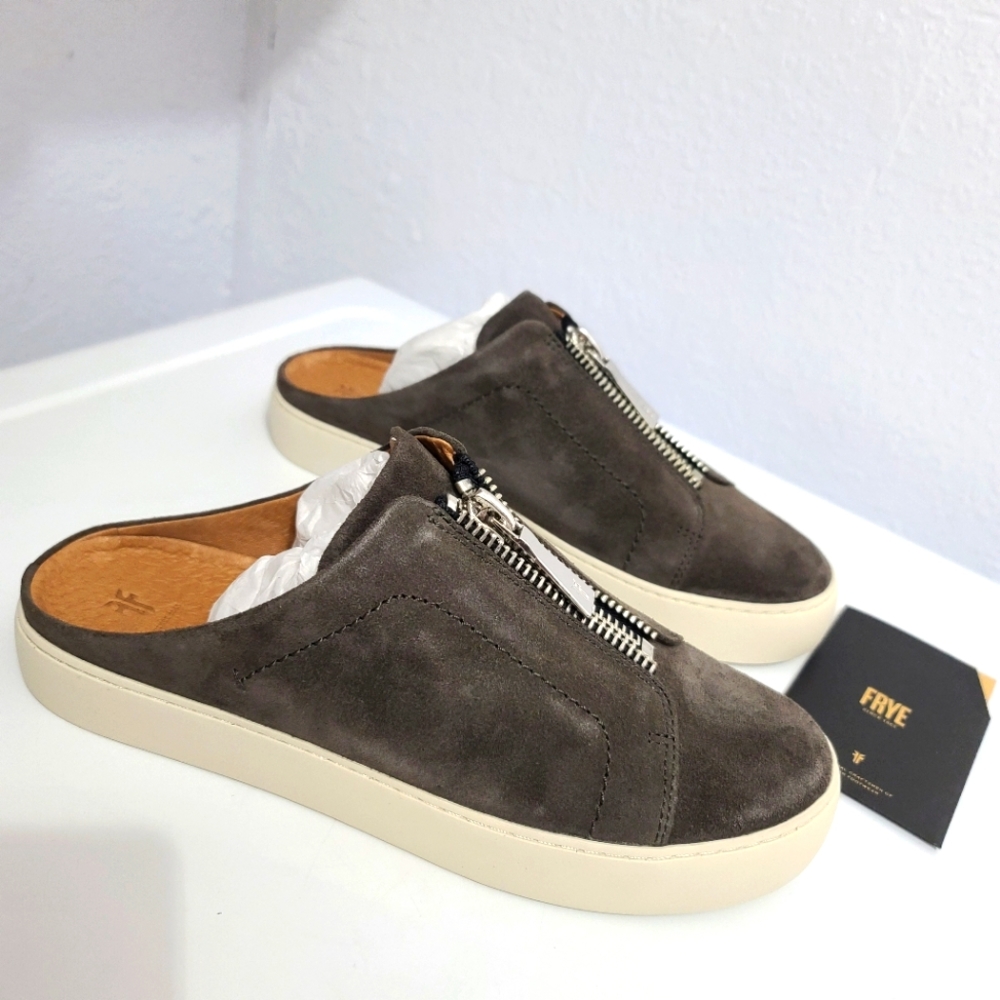 FRYE Lena Zip Up Mules Slip-On Sneakers in Grigio Gray Suede Color - Picture 2 of 10